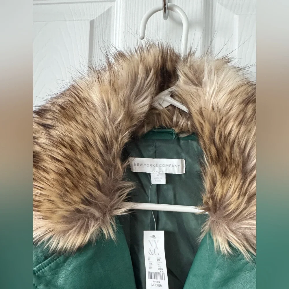 New York & Company Emerald Green Faux Leather Moto Jacket with Faux Fur Trim